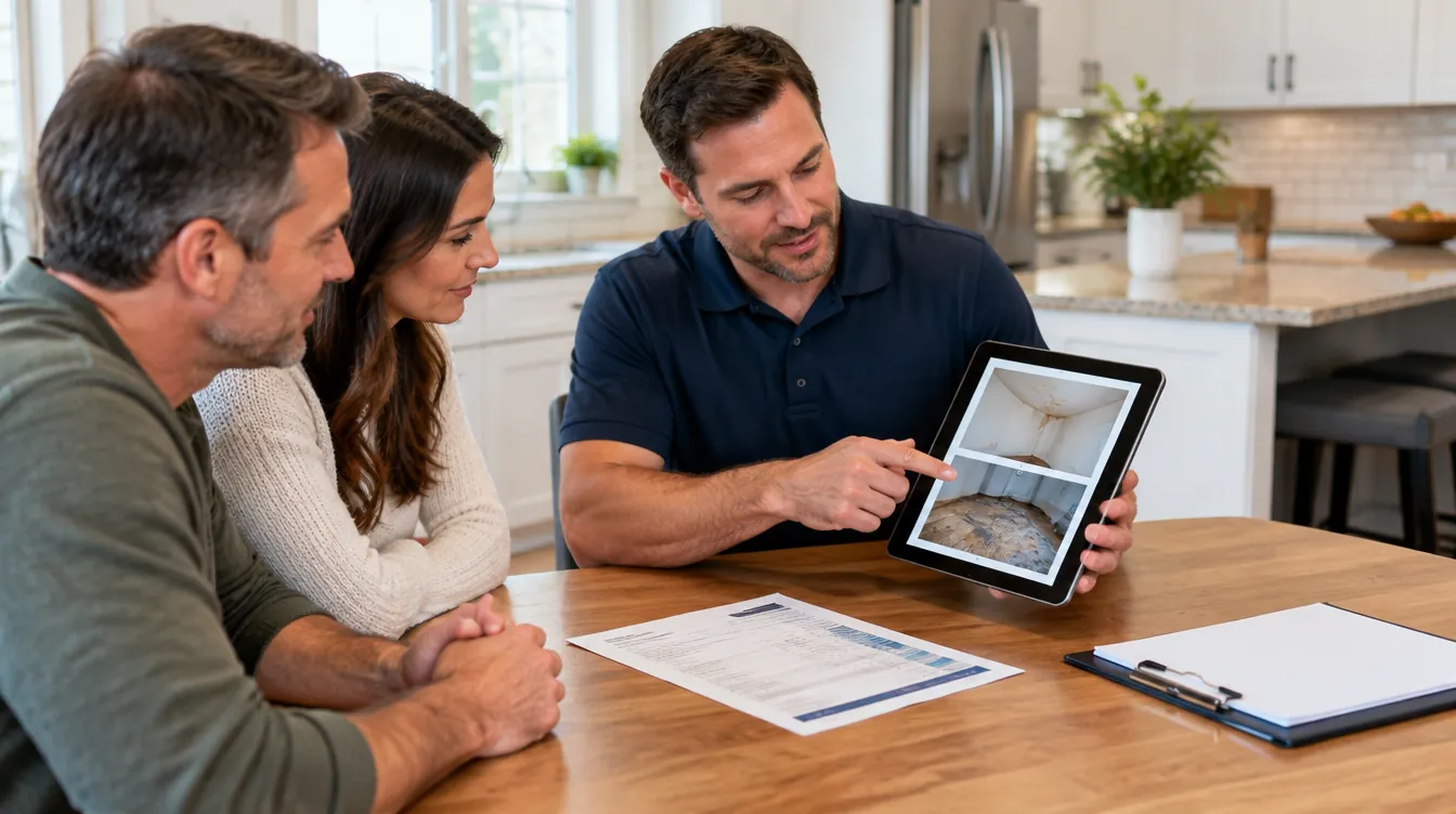 A restoration project manager going over damage photos with homeowners