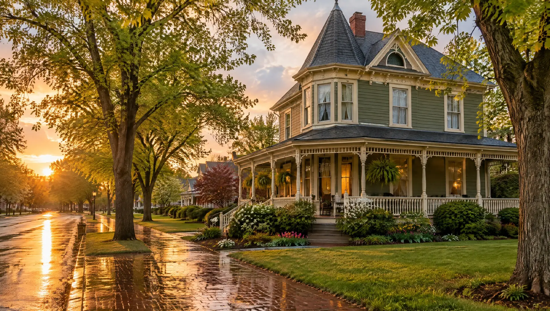 Restored Victorian house with a wraparound porch on a tree-lined street after spring rain