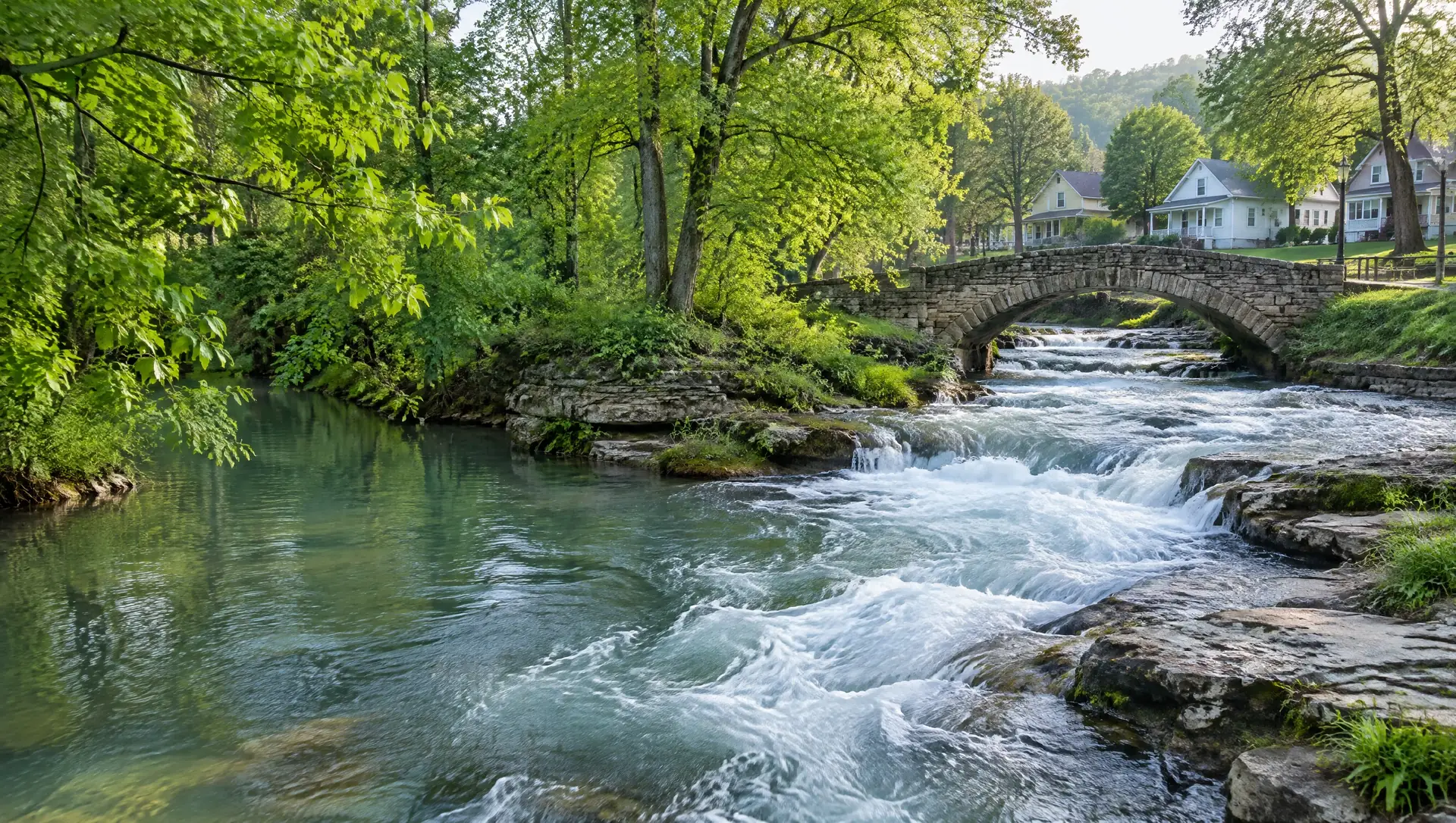 Spring-fed creek running high past a stone footbridge in a small-town park