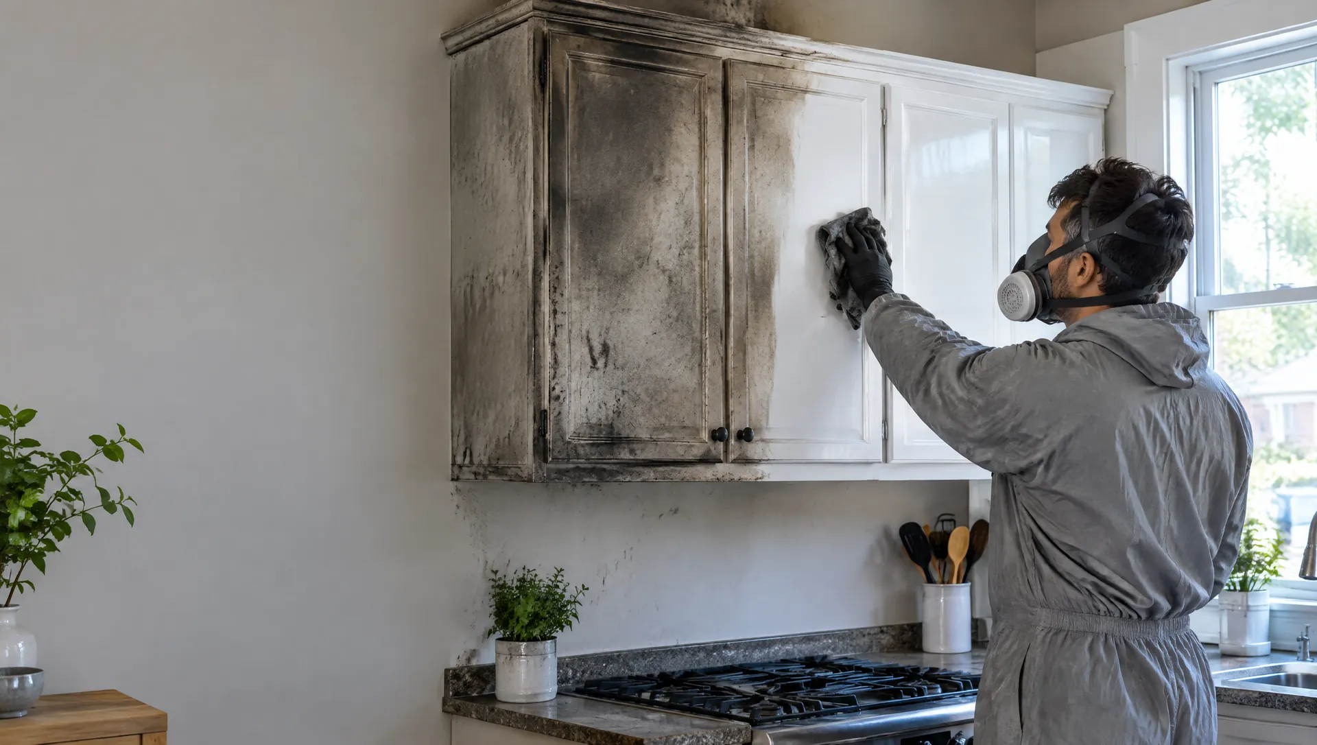 Technician in a respirator cleaning soot from smoke-stained kitchen cabinets