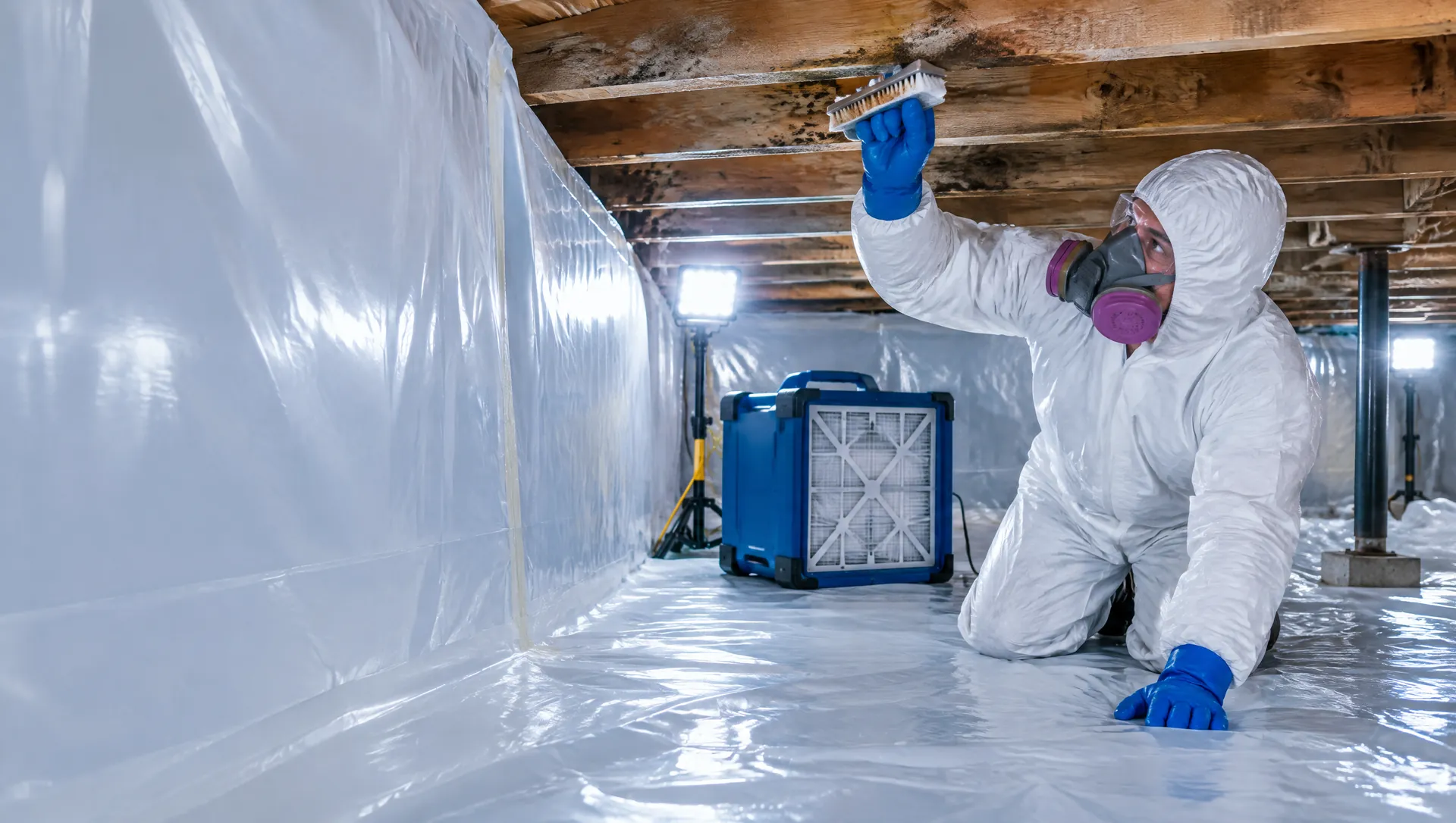 Technician in protective gear cleaning mold from crawl-space joists inside plastic containment