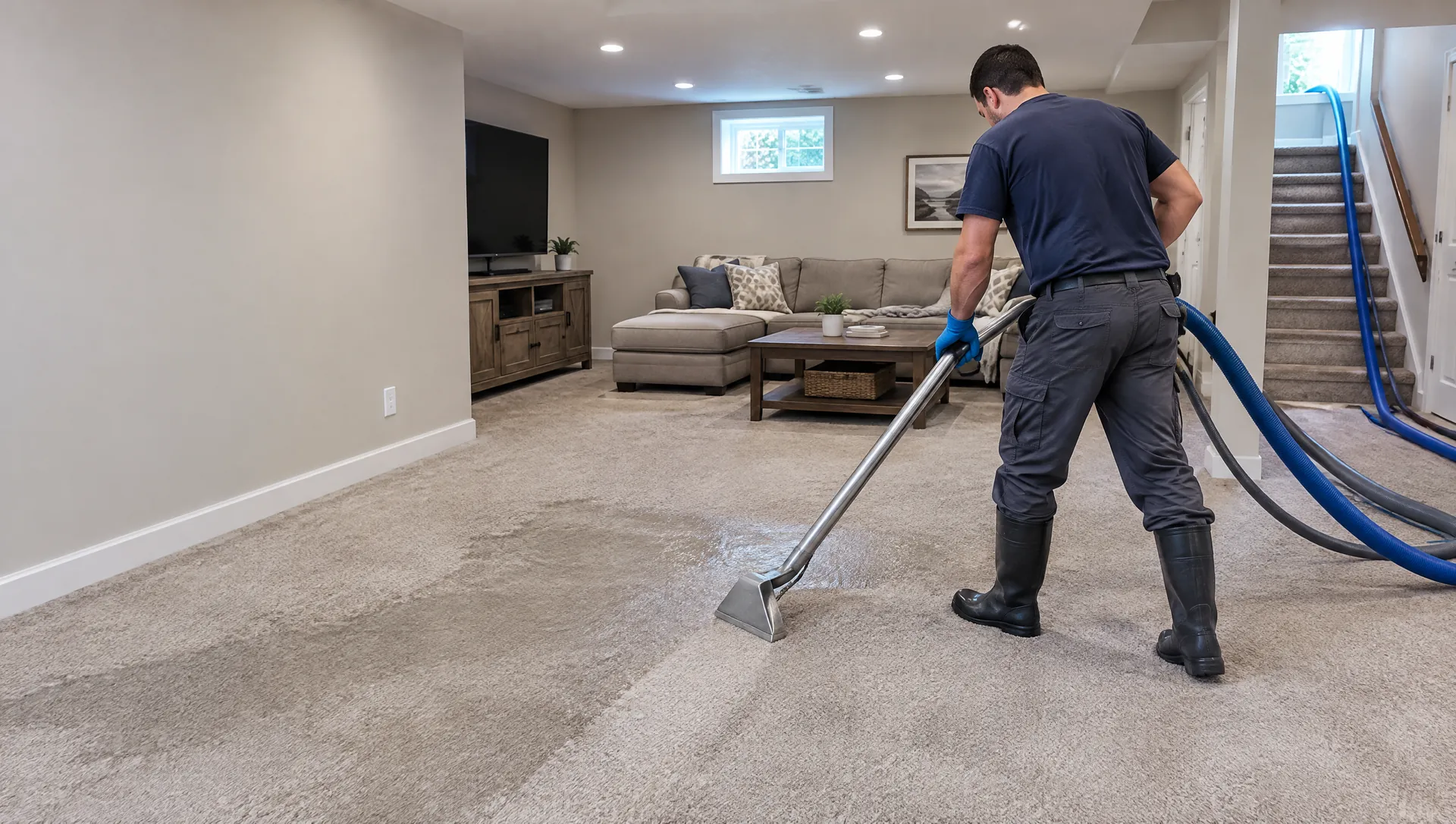Technician extracting water from the carpet of a finished basement