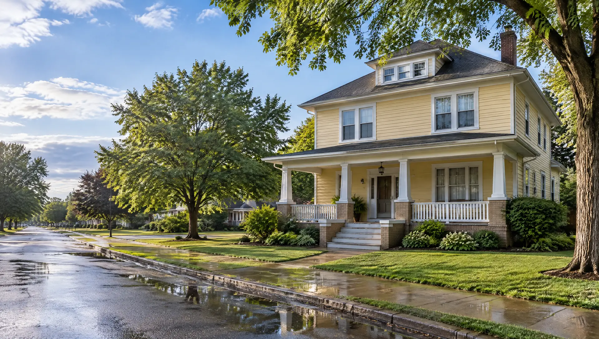 Yellow 1920s foursquare house with a wide front porch on a quiet street after morning rain