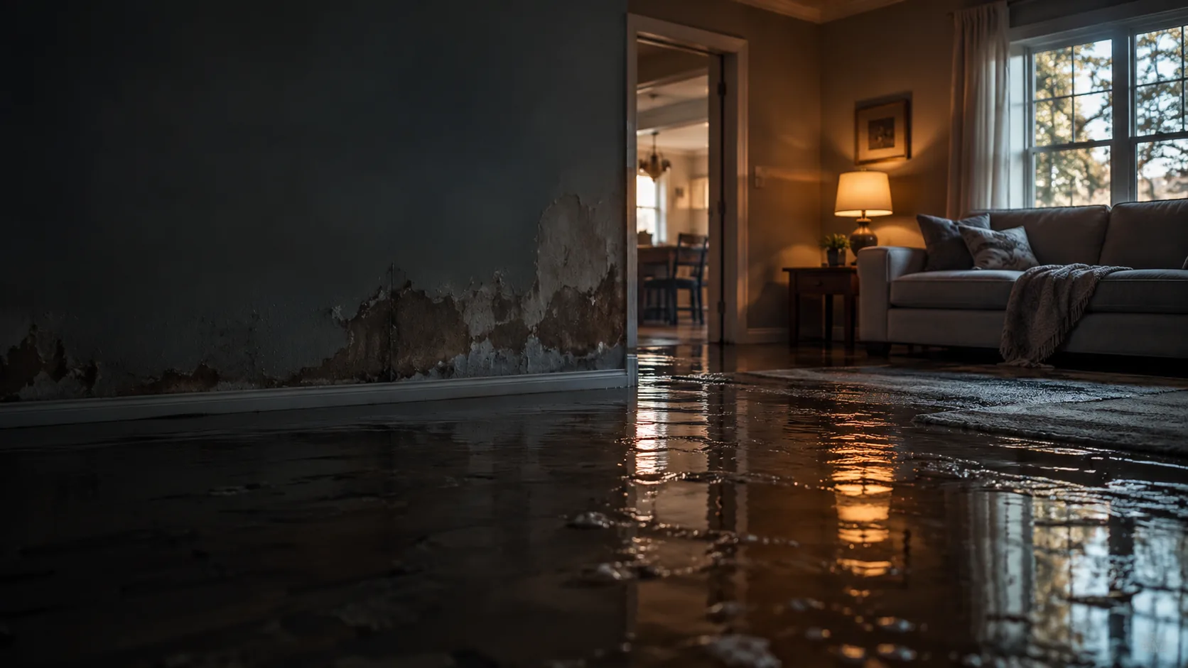 Standing water across a living room floor beside damaged drywall
