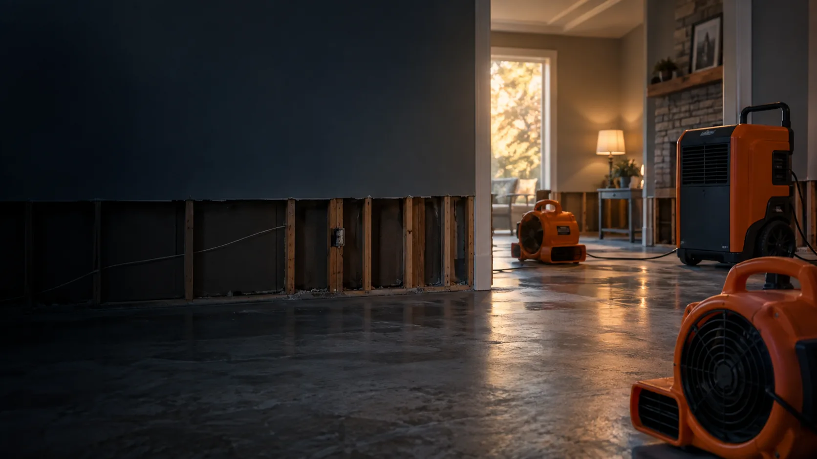 Air movers and a dehumidifier drying exposed wall framing