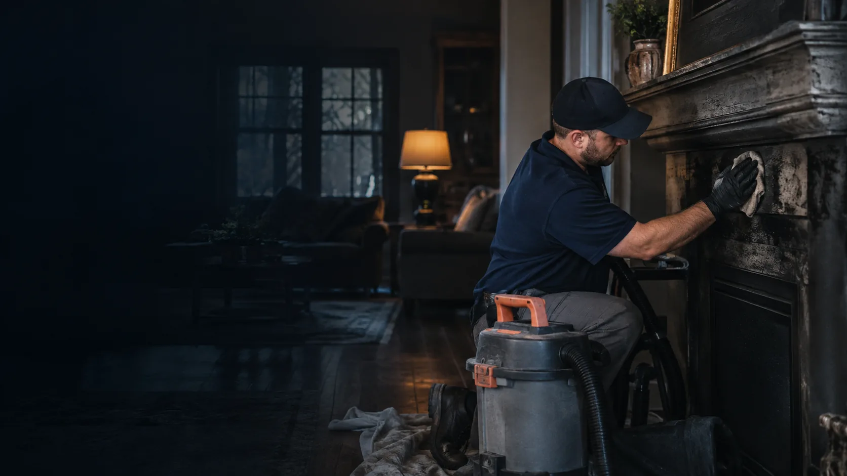 Technician cleaning soot from a stone fireplace