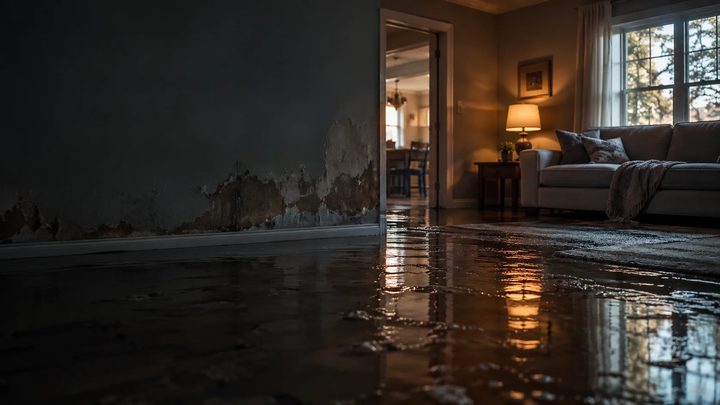 Standing water across a floor beside water-damaged drywall