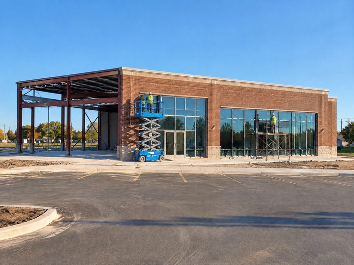 Small commercial building under construction, with a steel frame and new storefront glass going in