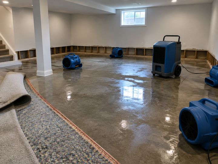 Basement drying out after water damage, with carpet pulled back, air movers and a dehumidifier running